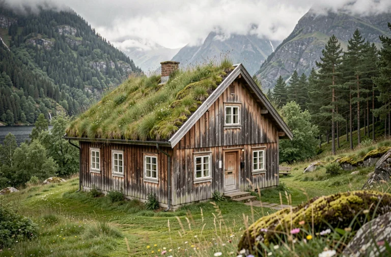 Maison norvégienne traditionnelle avec toit végétal en gazon et herbes sauvages dans une vallée de fjord entourée de montagnes brumeuses