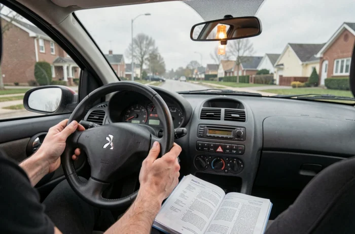 Intérieur d'une Peugeot 206 avec le manuel du propriétaire ouvert et un voyant allumé sur le tableau de bord