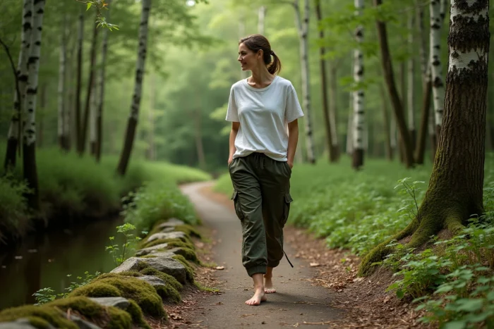 Femme marchant pieds nus en forêt pour se ressourcer et favoriser la guérison naturelle par la nature
