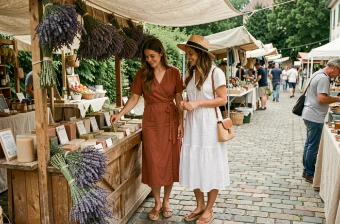 Deux femmes choisissant des savons artisanaux et des produits bio sur un marché de plein air dédié au bien-être