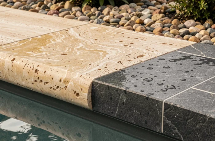 Margelle de piscine en travertin naturel et grès cérame anthracite avec détail de texture et gouttes d'eau sur la surface