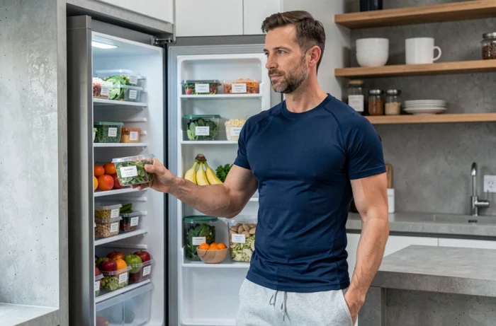 Homme consultant son réfrigérateur organisé avec des repas préparés à l'avance pour une alimentation saine et contrôlée