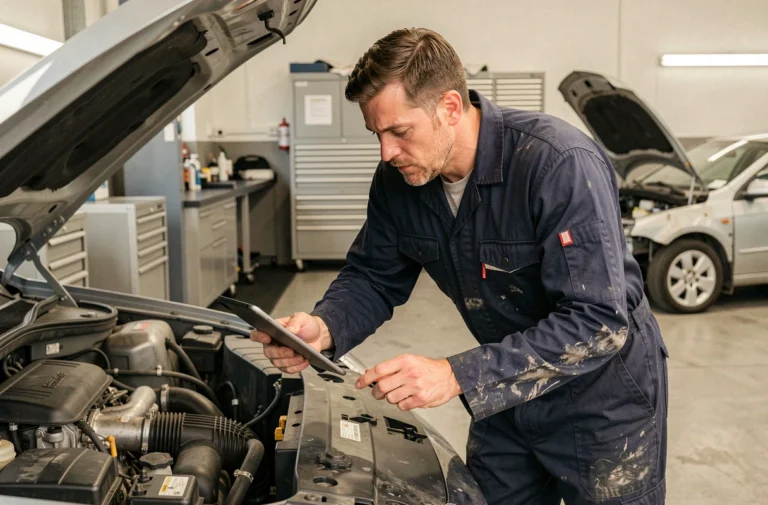 Mécanicien automobile inspectant un moteur dans un atelier moderne avec une tablette de diagnostic