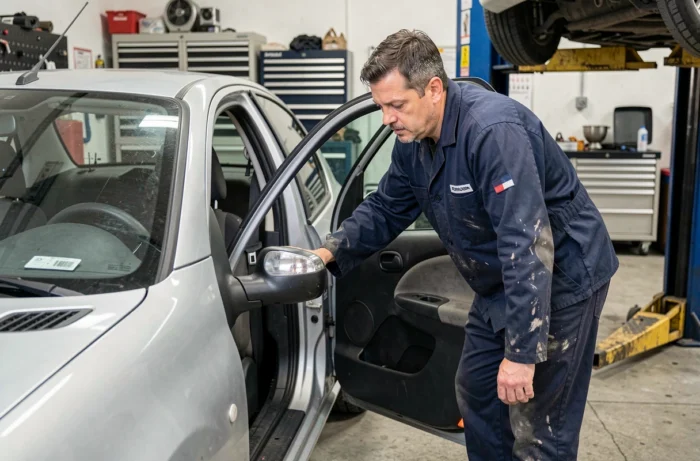 Mécanicien pointant les voyants d'alerte du tableau de bord d'une Peugeot 206 dans un garage automobile