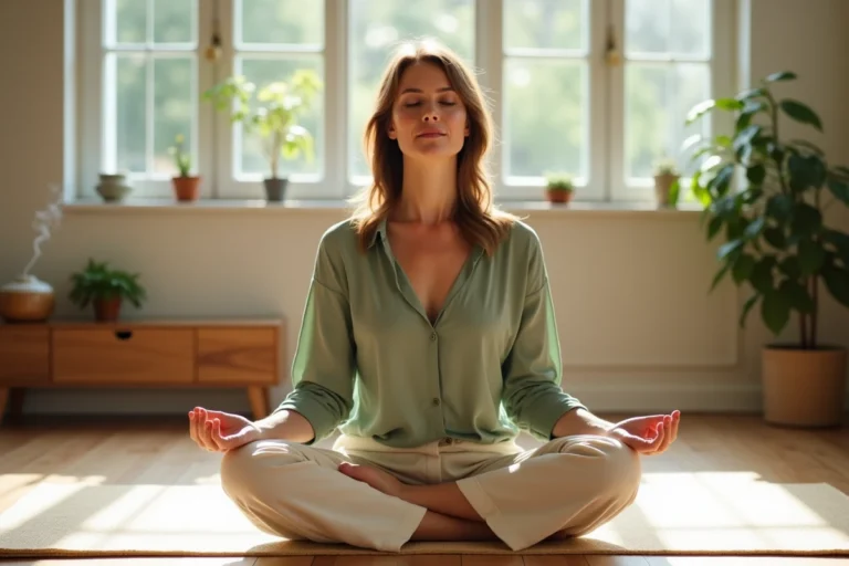 Femme pratiquant la méditation en position lotus dans un intérieur naturel et apaisant pour favoriser la guérison naturelle