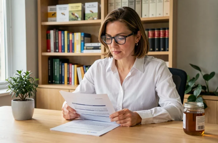 Femme professionnelle consultant les mentions légales d'un site web dédié aux abeilles dans un bureau moderne