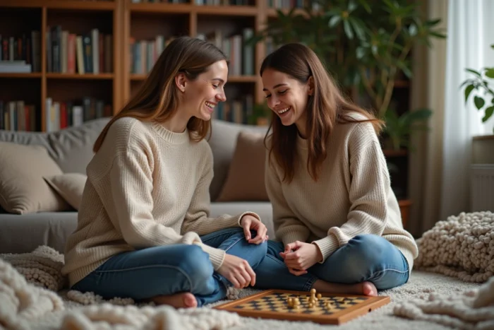 Mère et fille jouant à un jeu de société ensemble dans un salon confortable
