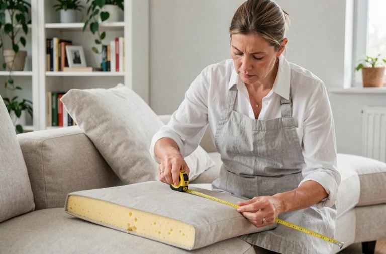 Femme mesurant la mousse d'un coussin de canapé Poltronesofa avant son remplacement