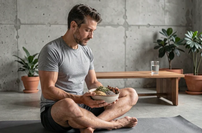 Homme en position de méditation tenant un bol de fibres naturelles comme le psyllium pour soutenir la santé du côlon