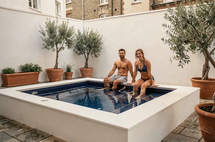 Micro-piscine apéro compacte installée dans un petit jardin urbain avec carrelage mosaïque bleu et plantes en pots