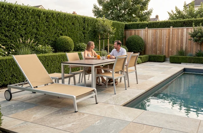 Salon de jardin en aluminium et textilène sable disposé sur une terrasse carrelée au bord d'une piscine moderne