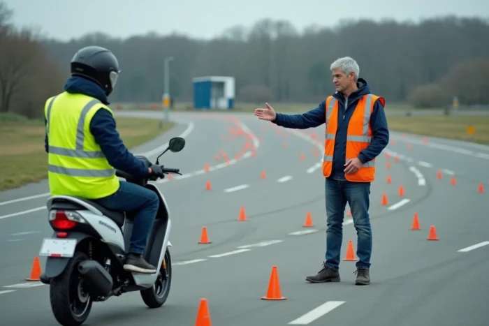 Moniteur d'auto-école présentant un scooter 250cc sur un circuit d'examen du permis moto