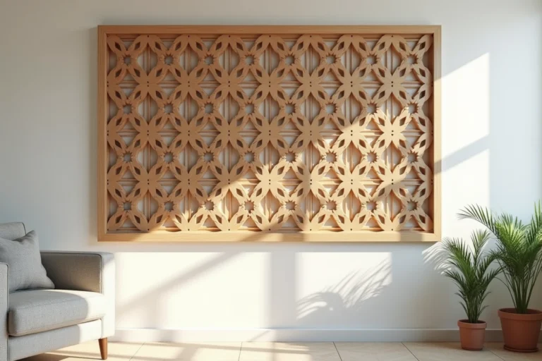 Panneau moucharabieh en bois avec motifs géométriques montés sur un mur intérieur blanc dans un salon moderne