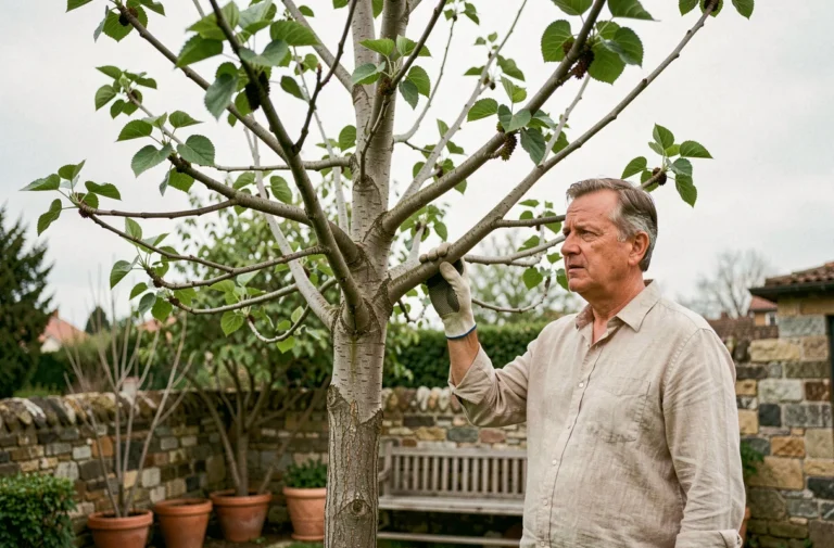 Homme examinant un mûrier platane sans fruits dans un jardin résidentiel au printemps