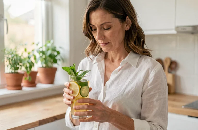 Femme tenant un verre d'eau citronnée avec menthe fraîche dans une cuisine naturelle pour un nettoyage du côlon naturel
