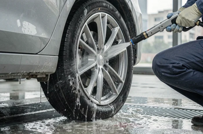 Nettoyage haute pression d'une jante et d'une portière de voiture dans un centre de lavage professionnel à Metz
