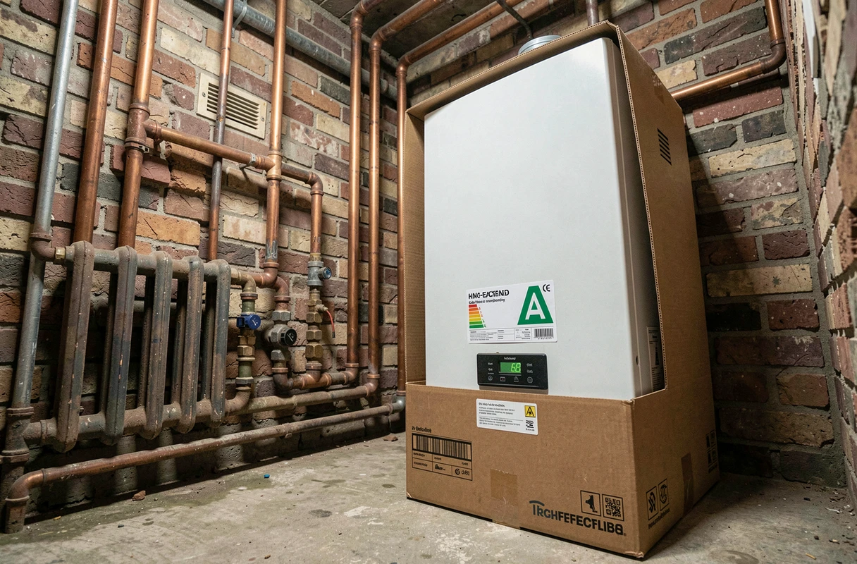 Nouvelle chaudière à condensation emballée prête à être installée dans une cave bruxelloise