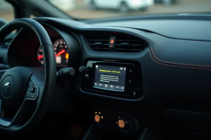 Outil de diagnostic OBD-II branché dans un véhicule pour réinitialiser les capteurs de stationnement