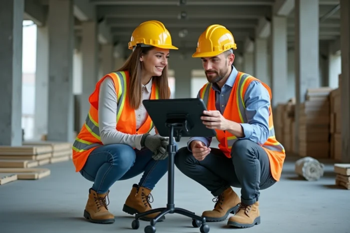 Deux ouvriers de chantier consultant un checklist de sécurité numérique sur tablette à l'intérieur d'un bâtiment en construction