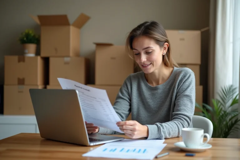 Femme organisant le paiement échelonné d'un déménagement avec des documents et un ordinateur portable sur une table entourée de cartons