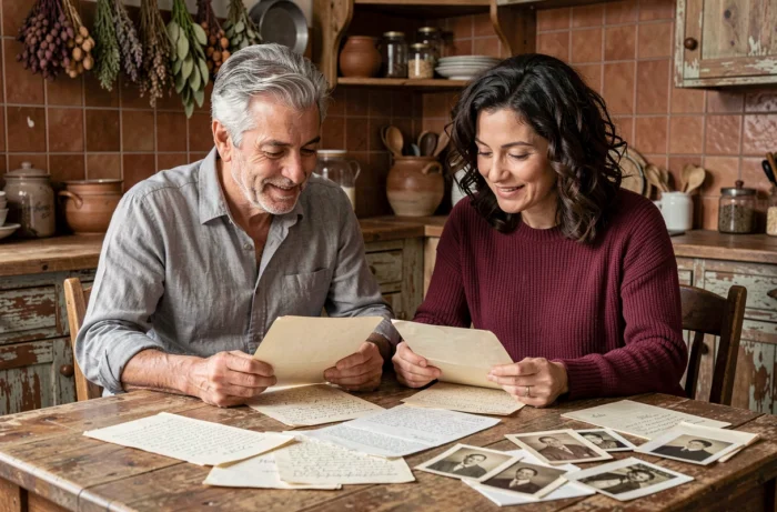 Couple de parents examinant des documents familiaux anciens et des lettres manuscrites dans une cuisine traditionnelle, transmission d'identité et de mémoire familiale