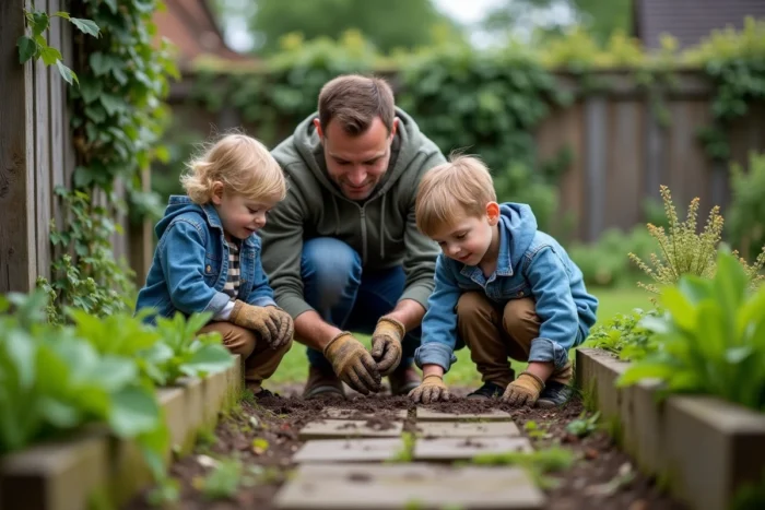 Père et enfants jardinent ensemble dans un potager familial le week-end