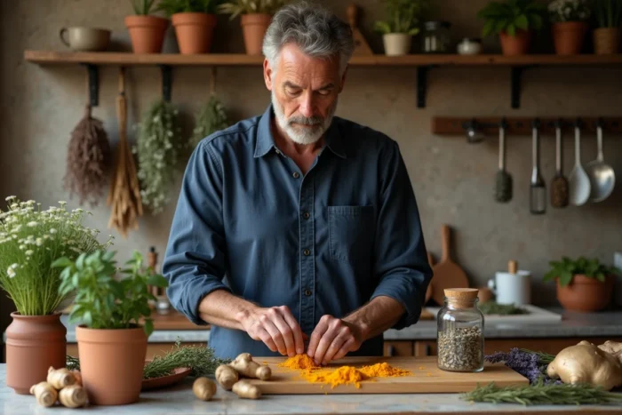 Homme préparant des plantes médicinales et remèdes naturels dans une cuisine rustique pour soutenir la guérison
