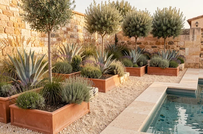 Massifs de plantes méditerranéennes structurés en bacs et jardinières le long d'une terrasse de piscine avec lavandes, agaves et oliviers
