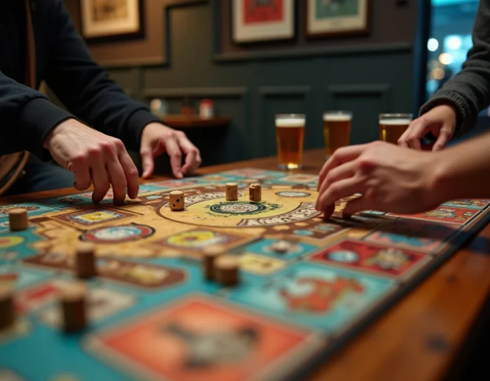 Gros plan sur un plateau de jeu de société en pleine partie avec des cartes, des pions et des dés sur une table en bois rustique