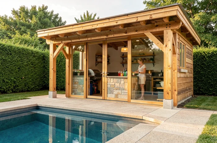 Pool house en ossature bois avec cuisine d'été intégrée et portes coulissantes vitrées donnant sur la terrasse de piscine