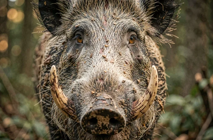 Portrait en gros plan du museau et des défenses d'un énorme sanglier sauvage en forêt turque