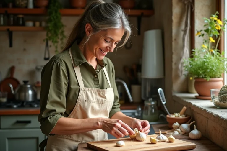 Femme préparant des gousses d'ail écrasées sur une planche en bois pour faire un purin d'ail maison dans une cuisine rustique