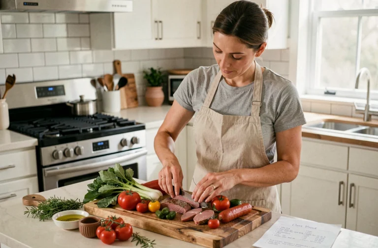 Femme préparant un repas sain et équilibré avec des légumes frais dans une cuisine moderne pour perdre du poids sans frustration