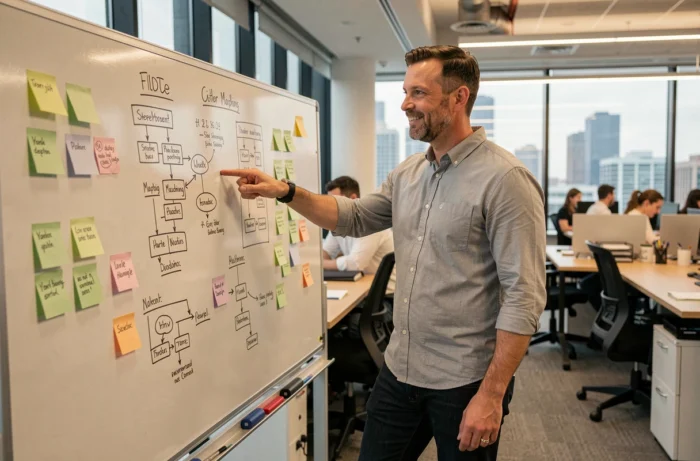 Professionnel du marketing digital présentant une stratégie de référencement naturel sur un tableau blanc dans une agence SEO