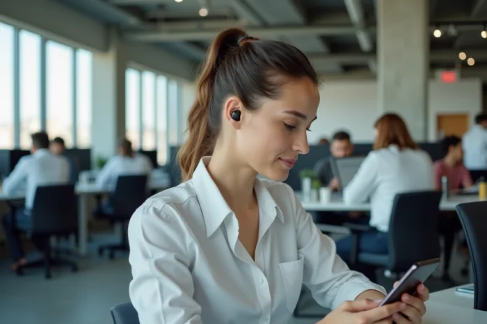 Jeune professionnelle regardant des actualités en vidéo sur son smartphone dans un espace de coworking moderne