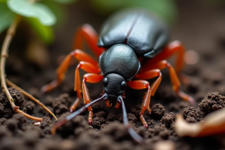 Gros plan macro d'un carabe Pseudoophonus rufipes aux pattes roux-orangé sur sol de jardin humide
