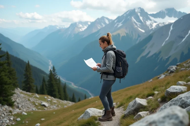 Randonneuse consultant une carte papier sur un sentier de montagne avec paysage alpin en arrière-plan