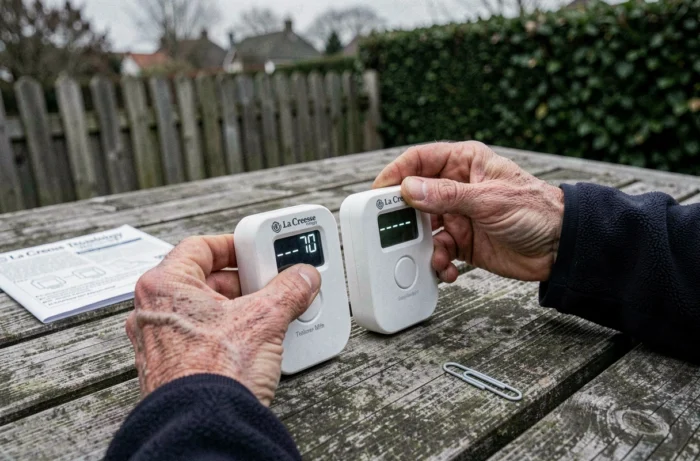 Des mains réassocient le capteur extérieur et l'écran d'une station météo La Crosse Technology sur une table de jardin