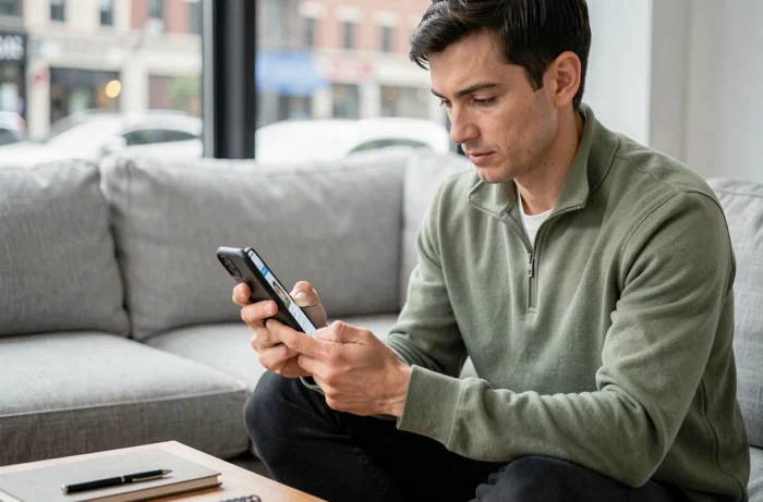Personne consultant des offres d'emploi sur smartphone depuis son salon
