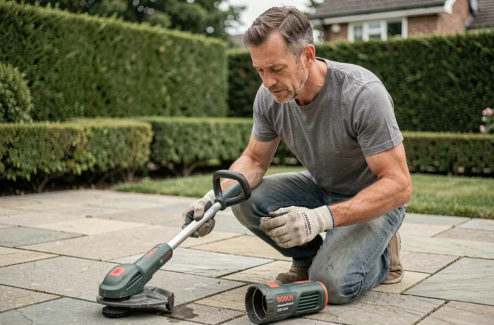 Homme remplaçant la bobine d'un rotofil Bosch AdvancedGrassCut 36 sur une terrasse de jardin