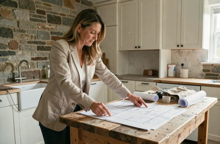 Femme étudiant des plans de rénovation dans une cuisine en cours de travaux pour valoriser un bien immobilier