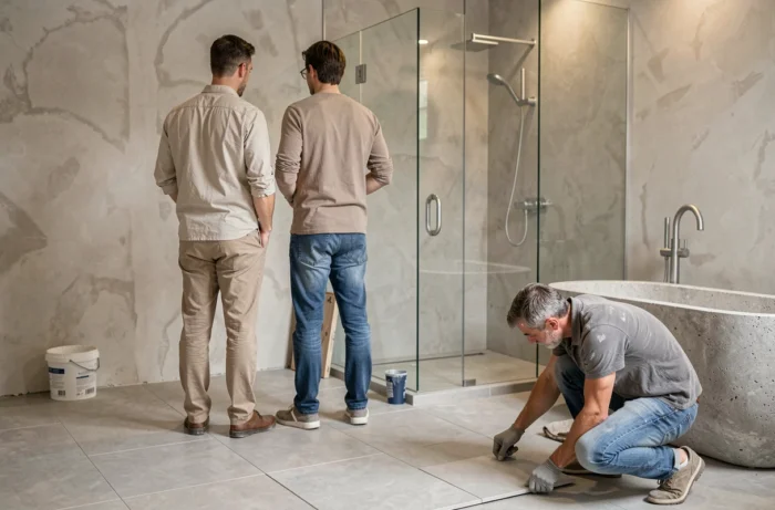 Couple observant la pose de carrelage dans une salle de bain en rénovation haut de gamme pour valoriser leur appartement