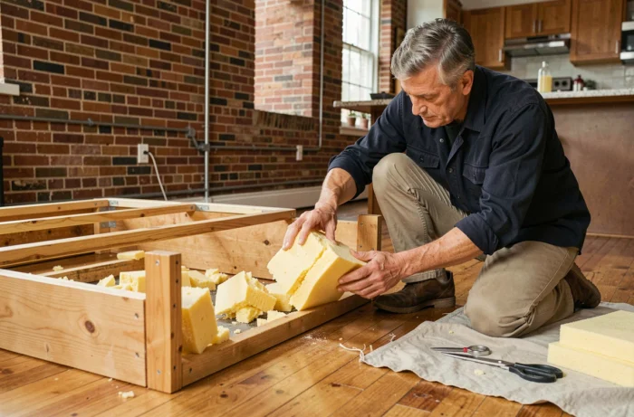 Homme retirant l'ancienne mousse abîmée d'un canapé Poltronesofa en cours de rénovation
