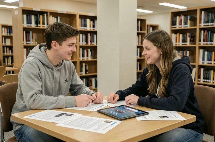 Deux étudiants qui révisent ensemble les questions du code de la route avec des fiches et une tablette dans une bibliothèque