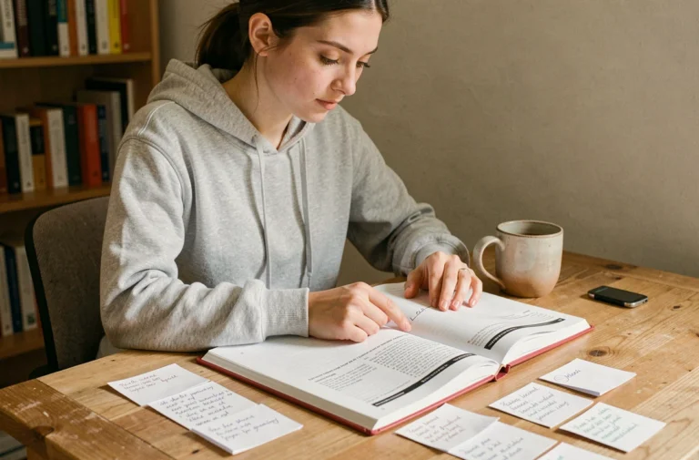 Jeune femme révisant les 100 questions du code de la route avec des fiches et un manuel ouvert sur un bureau en bois