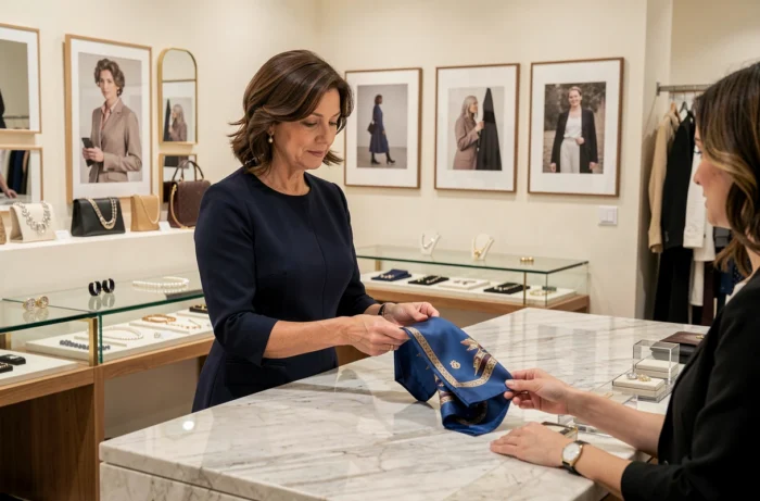 Vendeuse présentant un article à une cliente dans la boutique Lucie Roussel à Paris
