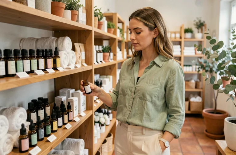 Femme parcourant les rayons d'une boutique bien-être féminin remplie de produits de soin naturels et d'huiles essentielles