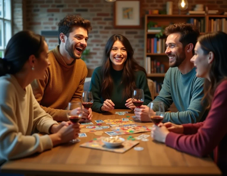 Groupe d'amis adultes jouant à un jeu de société autour d'une table en bois dans un appartement chaleureux
