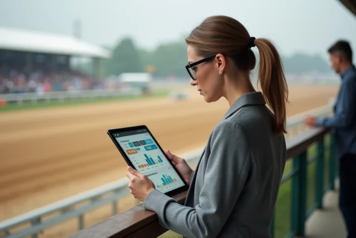 Femme consultant des statistiques de trot sur tablette en tribune d'hippodrome