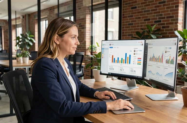 Femme professionnelle analysant des tableaux de bord de marketing digital sur deux écrans dans un bureau moderne